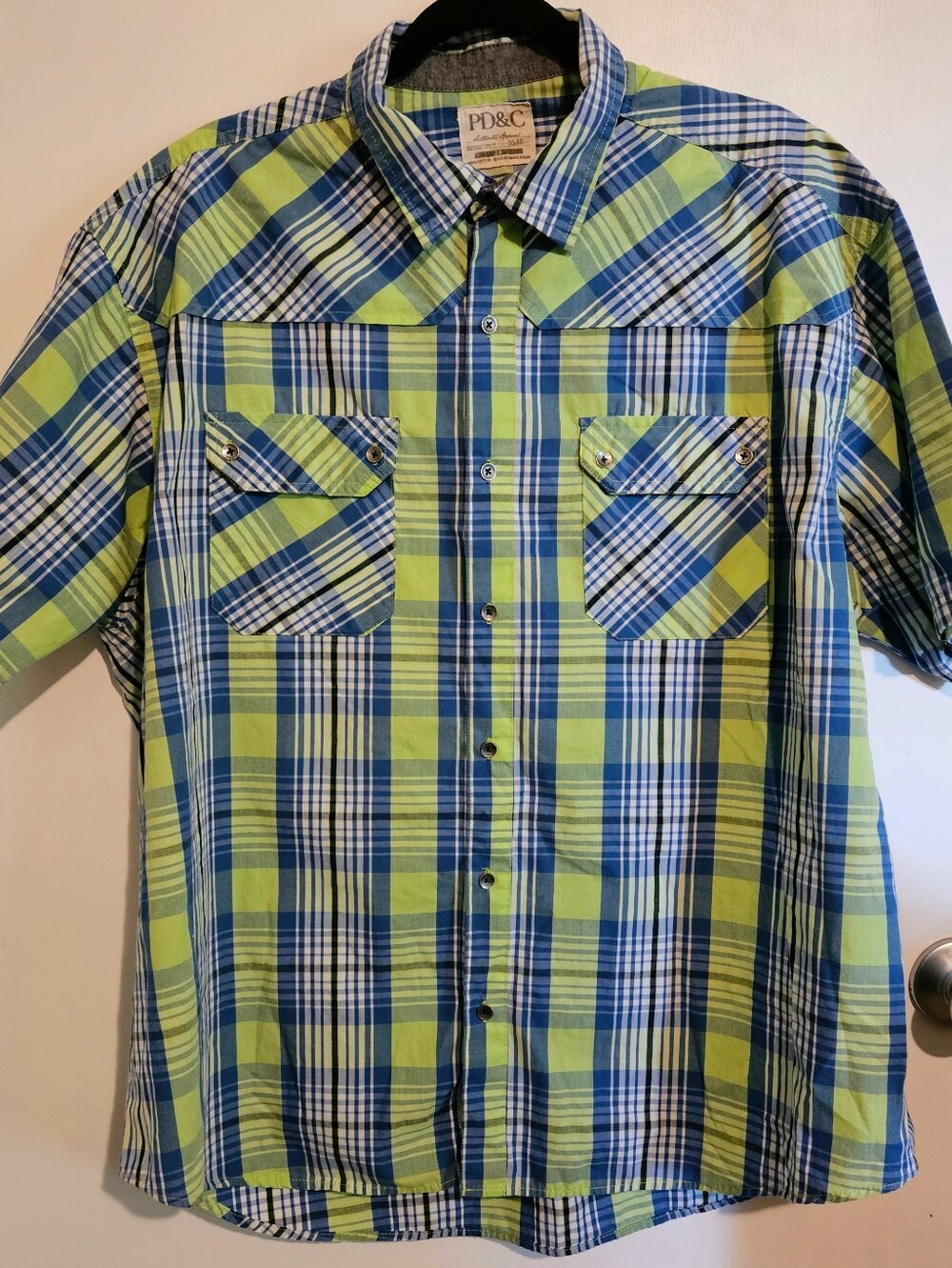PD&C Men's 2X Lime Green Blue Stripe Button Down Shirt 100% Cotton Plaid Style